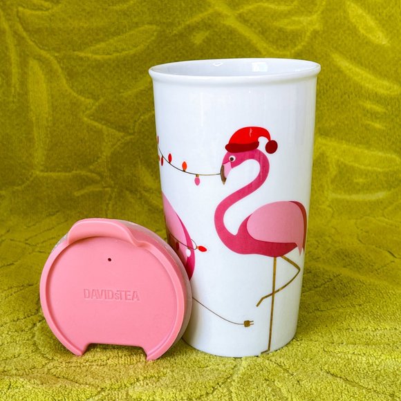 Davids Tea Twisted Pink Flamingo Ceramic Christmas Lights Travel Tumbler Mug Lid - Picture 6 of 10